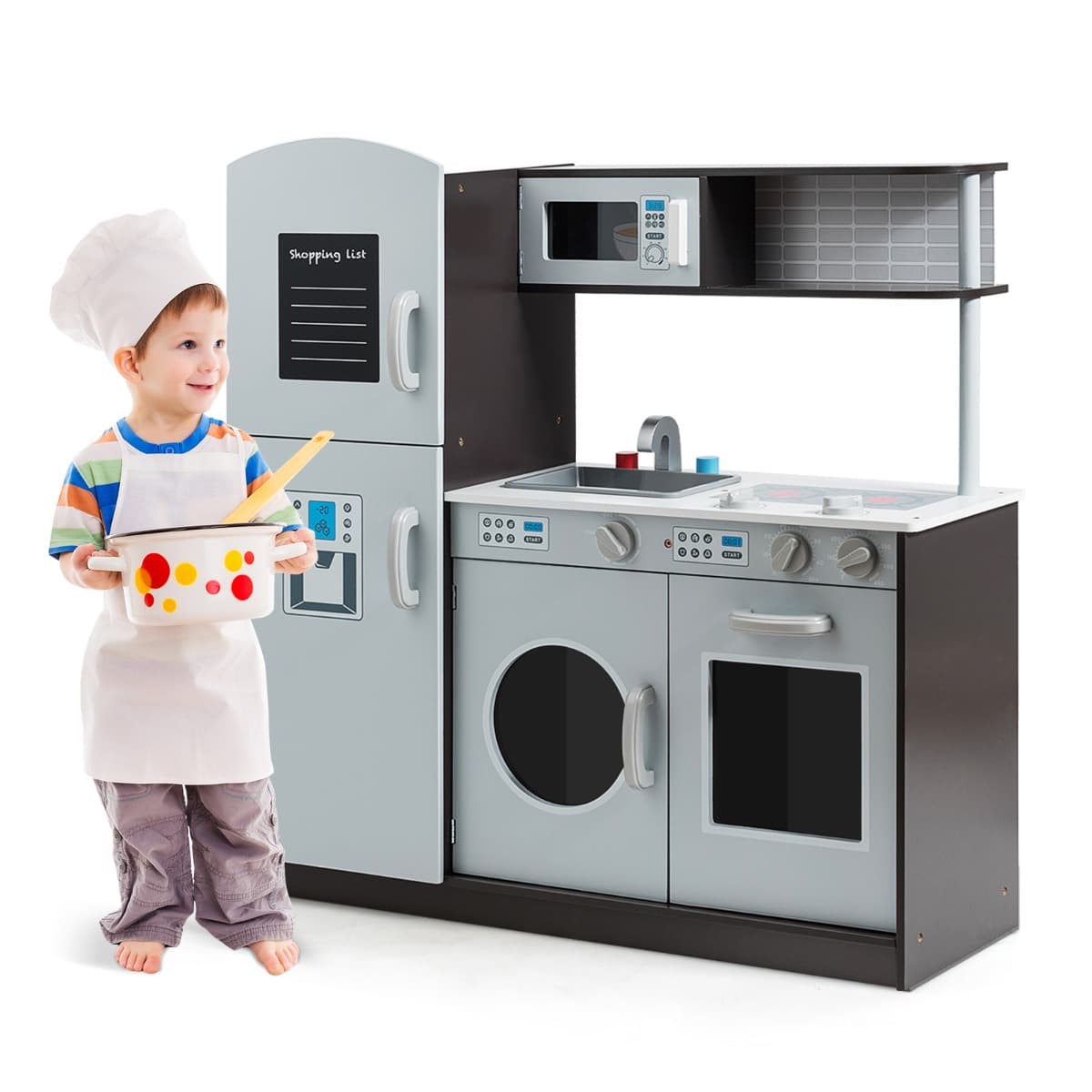 CostwayCuisine Enfant en Bois avec Sons Réel Jouet Cuisinière avec Four Micro-ondes Réfrigérateur etc de 3 à 8 Ans